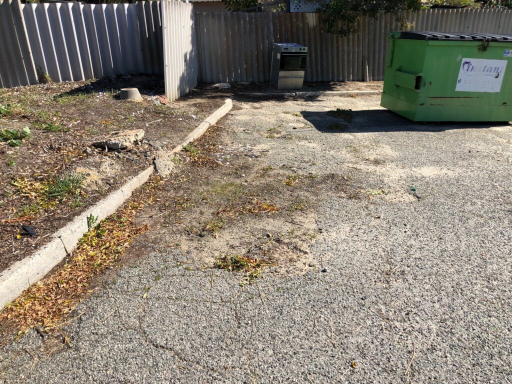 Close-up of vegetation damages and cracking to a commercial asphalt car park in Koongamia, Perth WA.